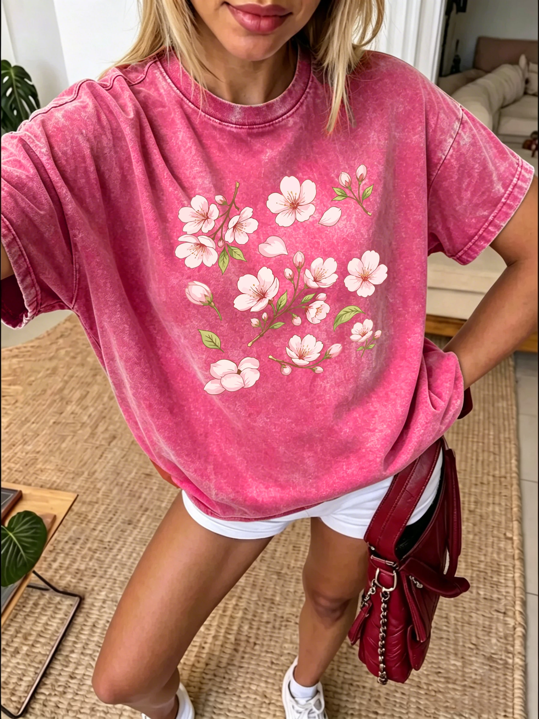 Pink Cherry Blossom Sakura Floral Print Women'S Washed T-Shirt Casual Cotton T Shirt Loose Clothes Retro Breathable Short Sleeve