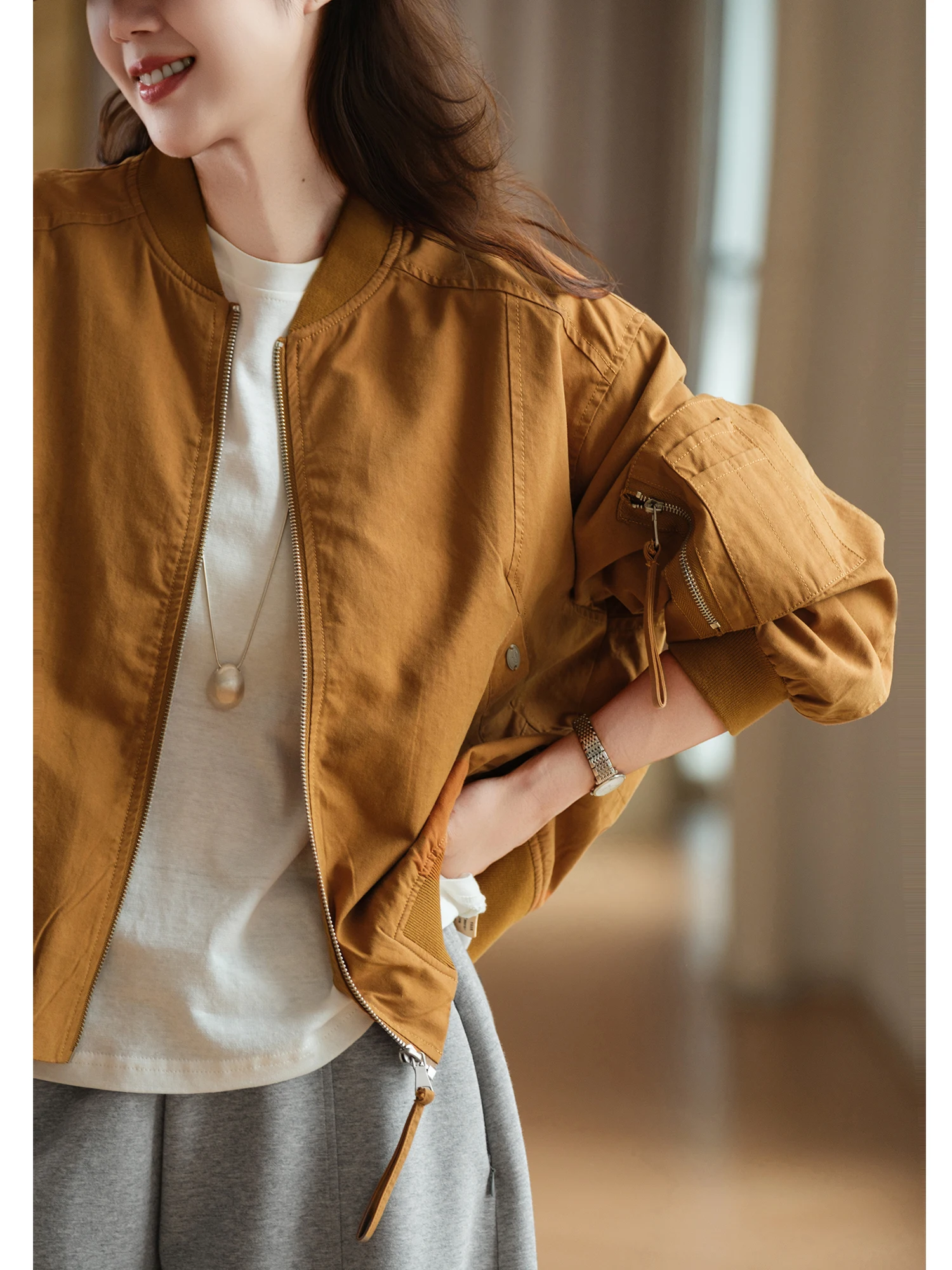 Textile Cotton Nylon Zipper Baseball Jacket Women's 3D Tailoring Texture Thread Pocket Design Casual Loose Fit Long Sleeve