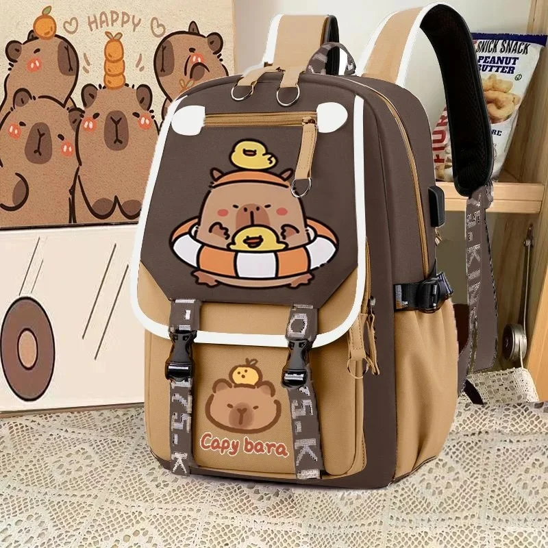 Cute Capybara Backpack Waterproof Large-Capacity Multi-Compartment Backpack Animal Print School Bag Capybara Plush Toy Included