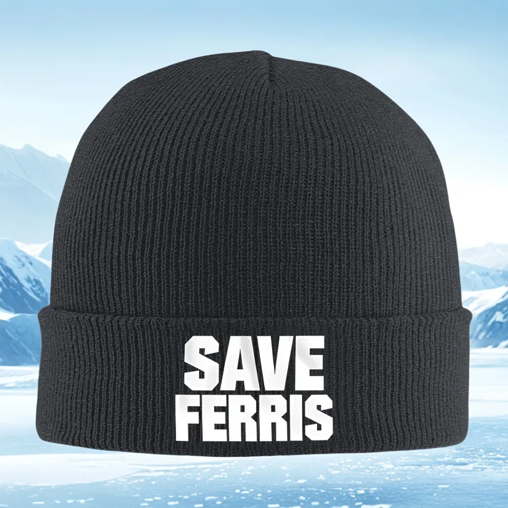 2026 White SAVE FERRIS text on black background Men Women Unisex Knitted Hat Beanie Pullover Cap Winter Thermal Warm Christmas O