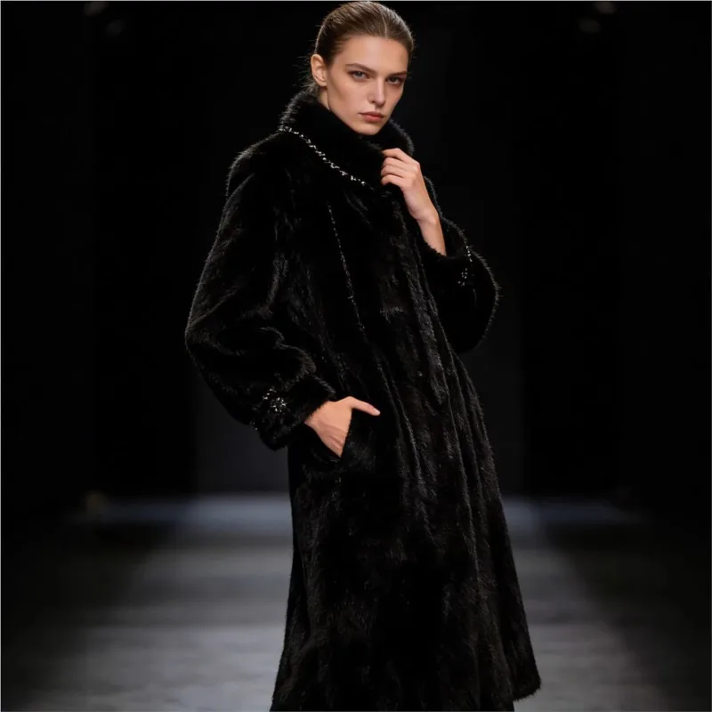 Diamond-encrusted fur and one-piece long stand-up collar mixed coat for women