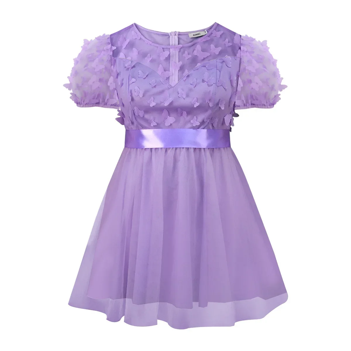 Vestidos de línea A de mariposa lavanda para mujer, cuello redondo, manga corta abombada, cintura alta, tul, vestidos de fiesta de noche y cumpleaños, minivestido