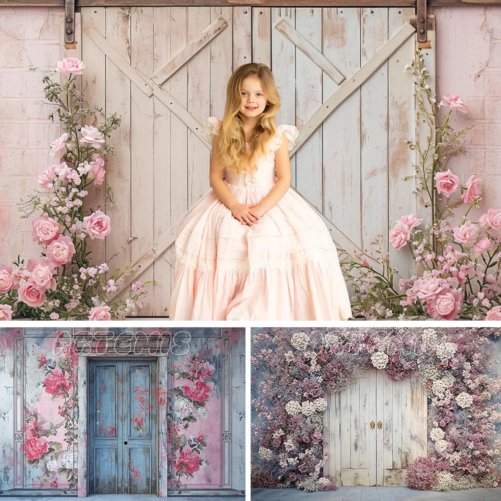 Spring Photography Backdrop Wooden Door Pink Paint Floral Light Violet Pastoral Baby Birthday Portrait Background Photo Studio