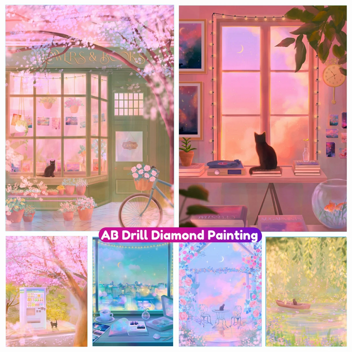 AB Pintura Diamante Kit Ponto Cruz, Anime Gato Flores e Livros, DIY Brocas Completas, Mosaico Bordado, Artesanato Artesanal, Decoração de Casa, 5D