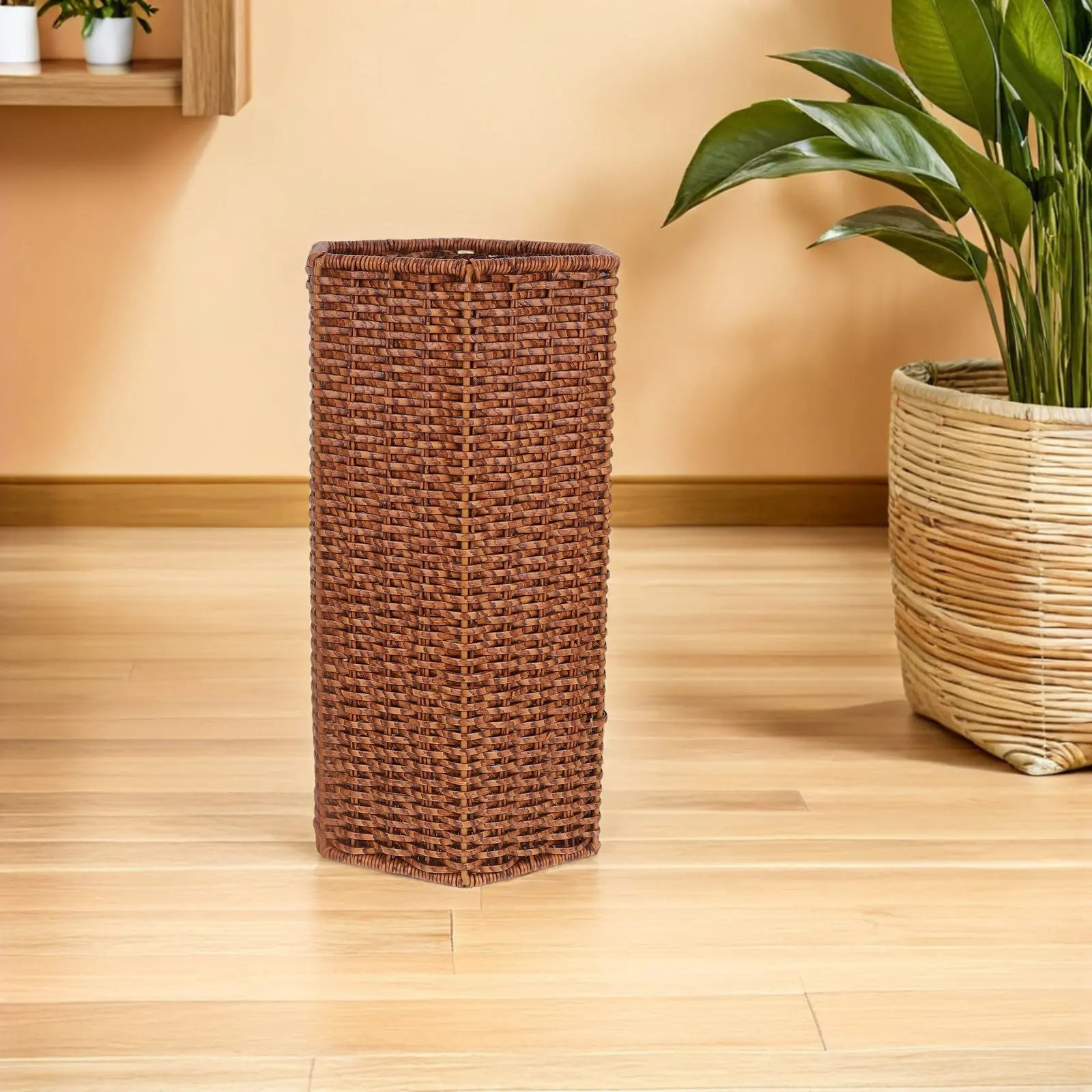 Woven Rattan-Like Plastic Umbrella Stand Holder for Indoor Entryway Hallway Hotel Business Efficient Water-Resistant Storage