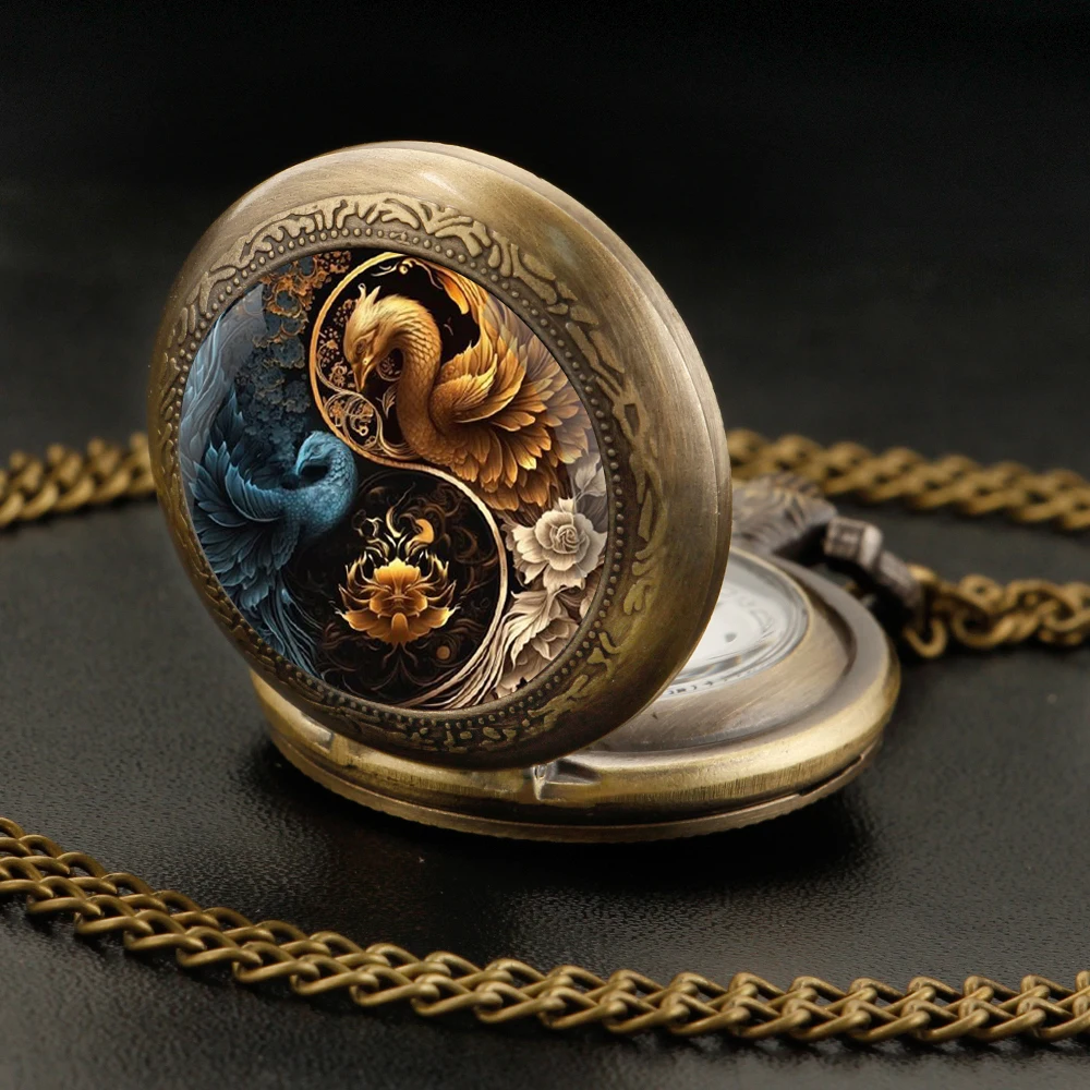 Vintage-Style Retro Yin and Yang Phoenix Exquisite Quartz Pocket Watch for Women Men Clock Watches Chain Jewelry Pendant Gift