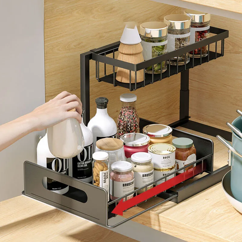 

Kitchen Organizer Storage Rack Spices Pull Out L Shape Racks Under Sink Movable Shelves Pull-out Rack Holders Stainless Steel