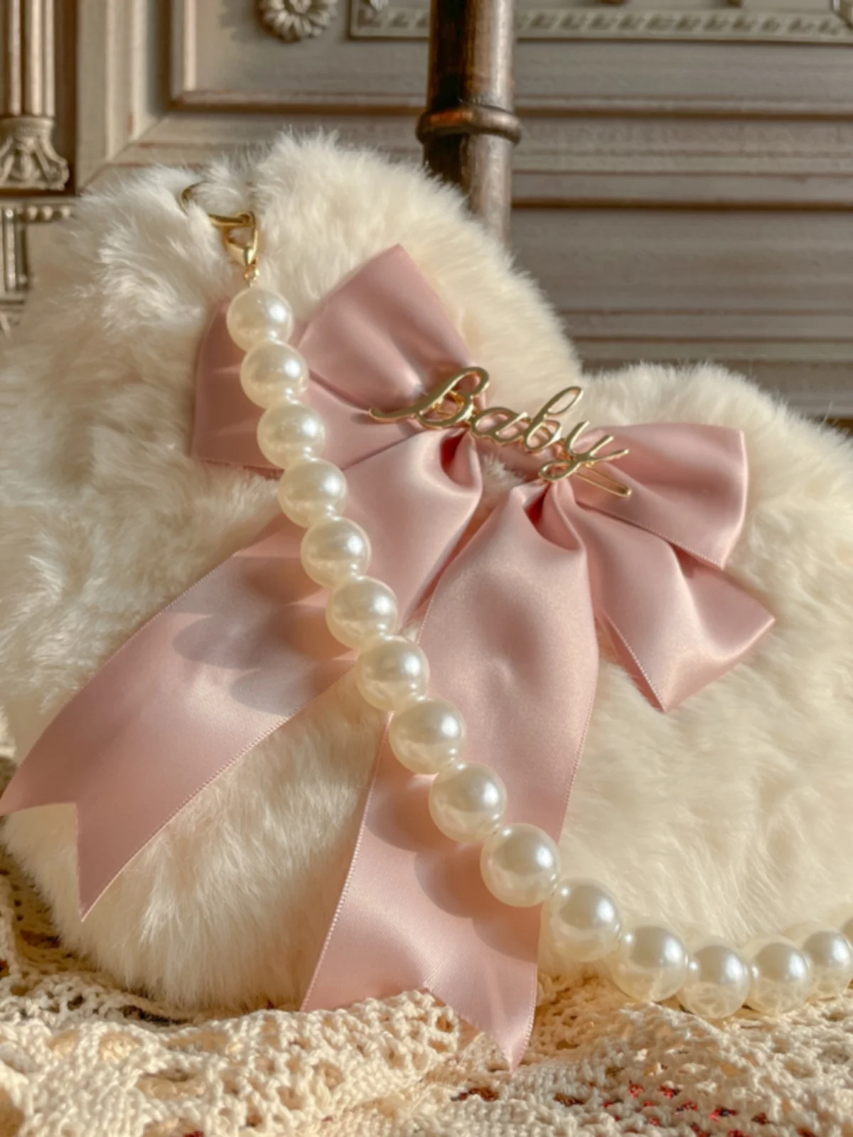 

Original Homemade Lolita Love Heart Plush Hand-Carrying Bag Pearl Chain Plush Bag JK Bag