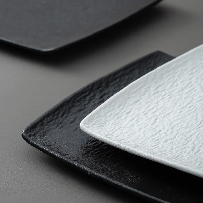 High Quality Matte Dinner Plates, Square Dishes, Black White Ceramic Plate, Household Tableware, Retro Grilled Meat Dish