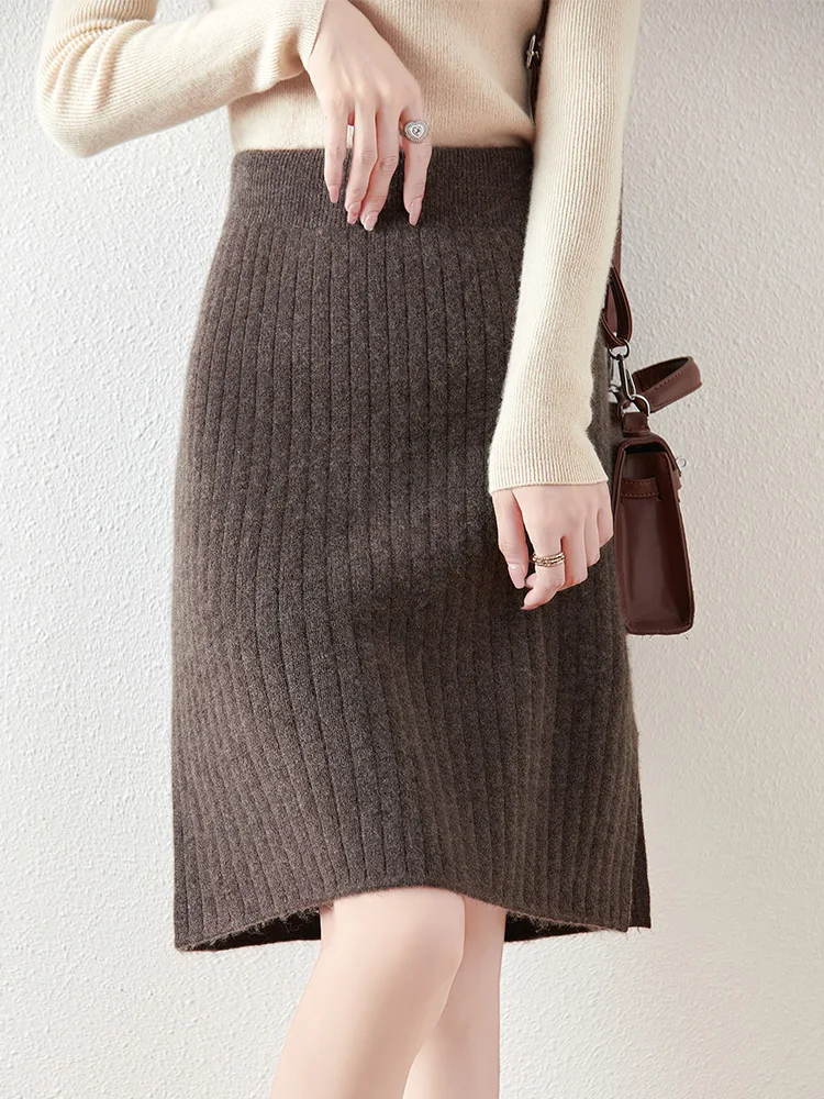 

100% Merino Wool Knitwear Women Wool Skirts Autumn Winter Cashmere Short Pleated Skirt Grace Solid Office Lady Above Knee Dress