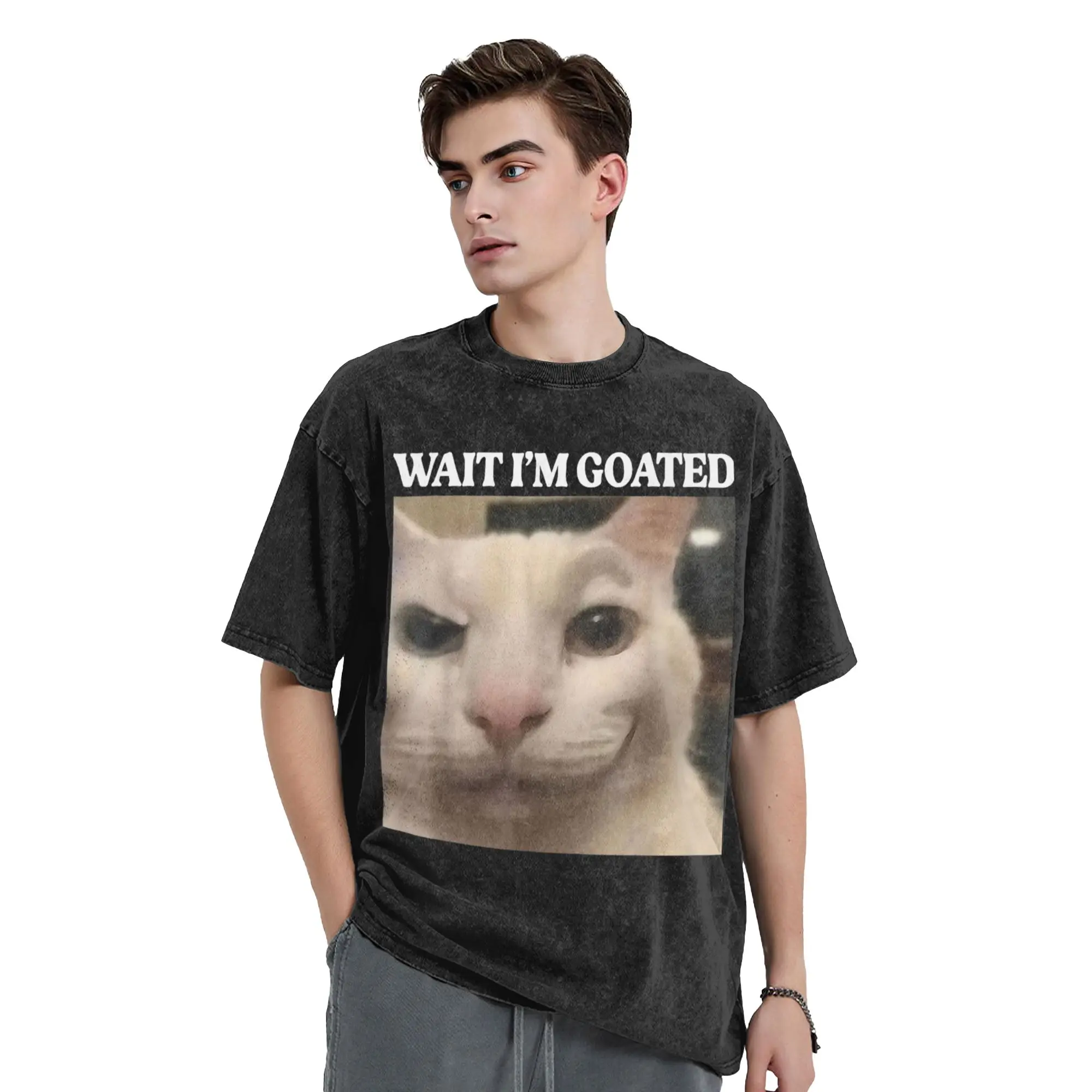 Washed T Shirt Wait I'm Goated Cat Silly Cat Meme Hip Hop Retro T-Shirts Oversize  Streetwear Cotton Tee Shirt for Men Women