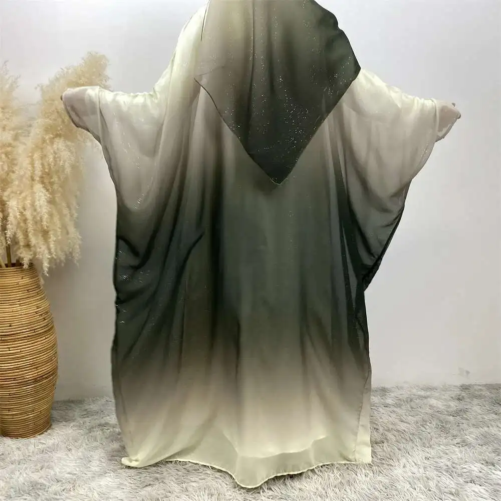 Cardigan en mousseline de soie musulman à la mode, ensemble bandeau manchette chauve-souris dégradé Abaya 67501 Robe Abaya Ramadan dubaï luxe Islam élégant