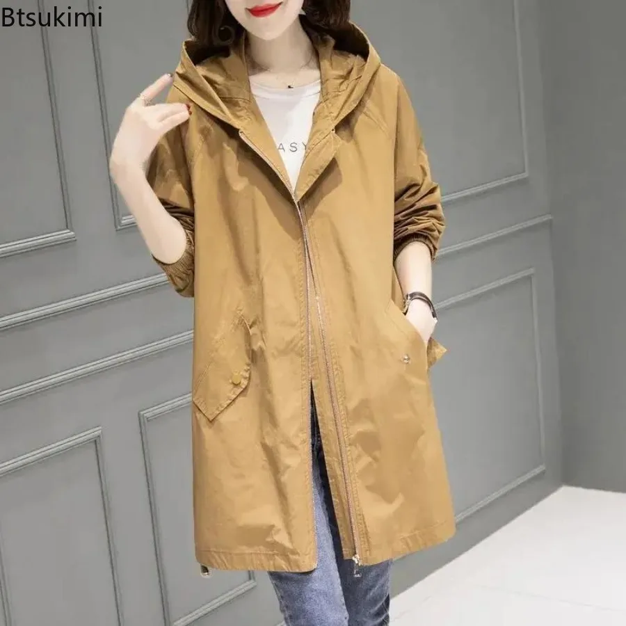Women Hooded Mid Length Trench Coat Long Sleeve Solid Adjustable Waist Multi Pockets Spring Autumn Loose Casual Commuter Outfit
