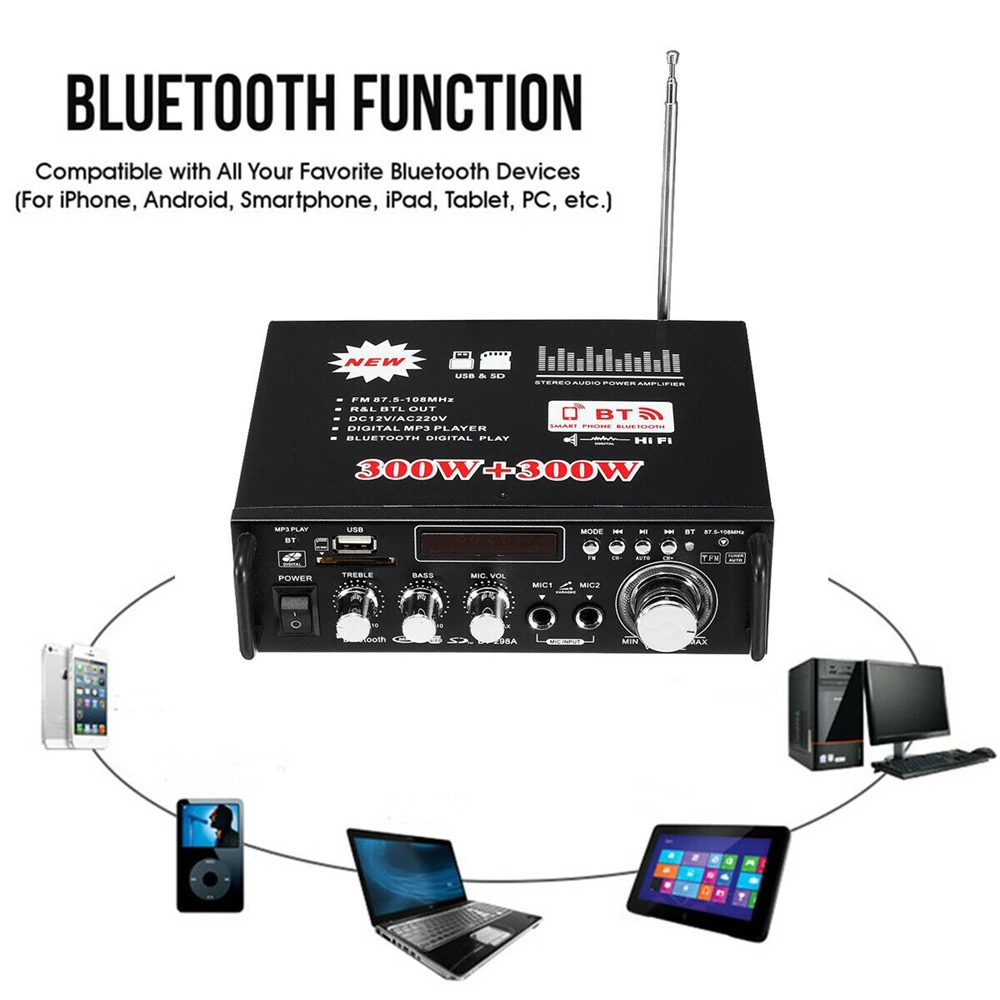 Drahtlose Bluetooth-Kompatibilität Mini-Verstärker 2-Kanal-Hifi-Audio-Hifi-Stereo-Leistungsverstärker USB-FM-Radio zu Hause mit Fernbedienung