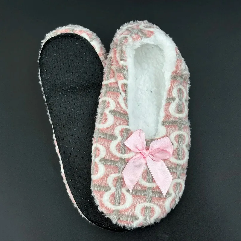 House Winter warm Slipper Women Bow Knot 8 words Fur Plush Anti Skid Grip Cute Funny Indoor Home Fluffy Female Floor Shoes