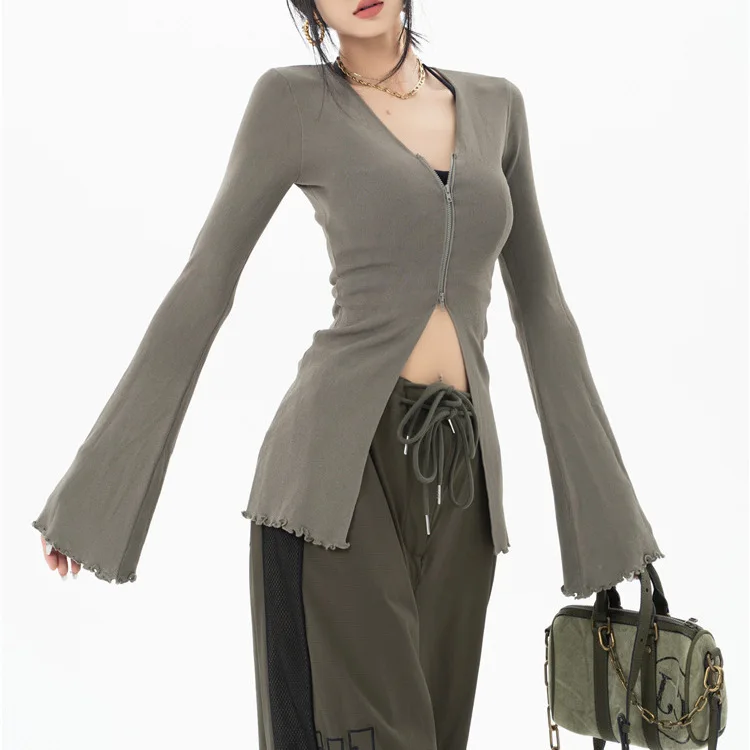 7000 الخريف الشتاء مثير فتاة الساخنة الخامس الرقبة مزدوجة سستة سليم صالح تكدرت متوهج كم سترة أعلى #2