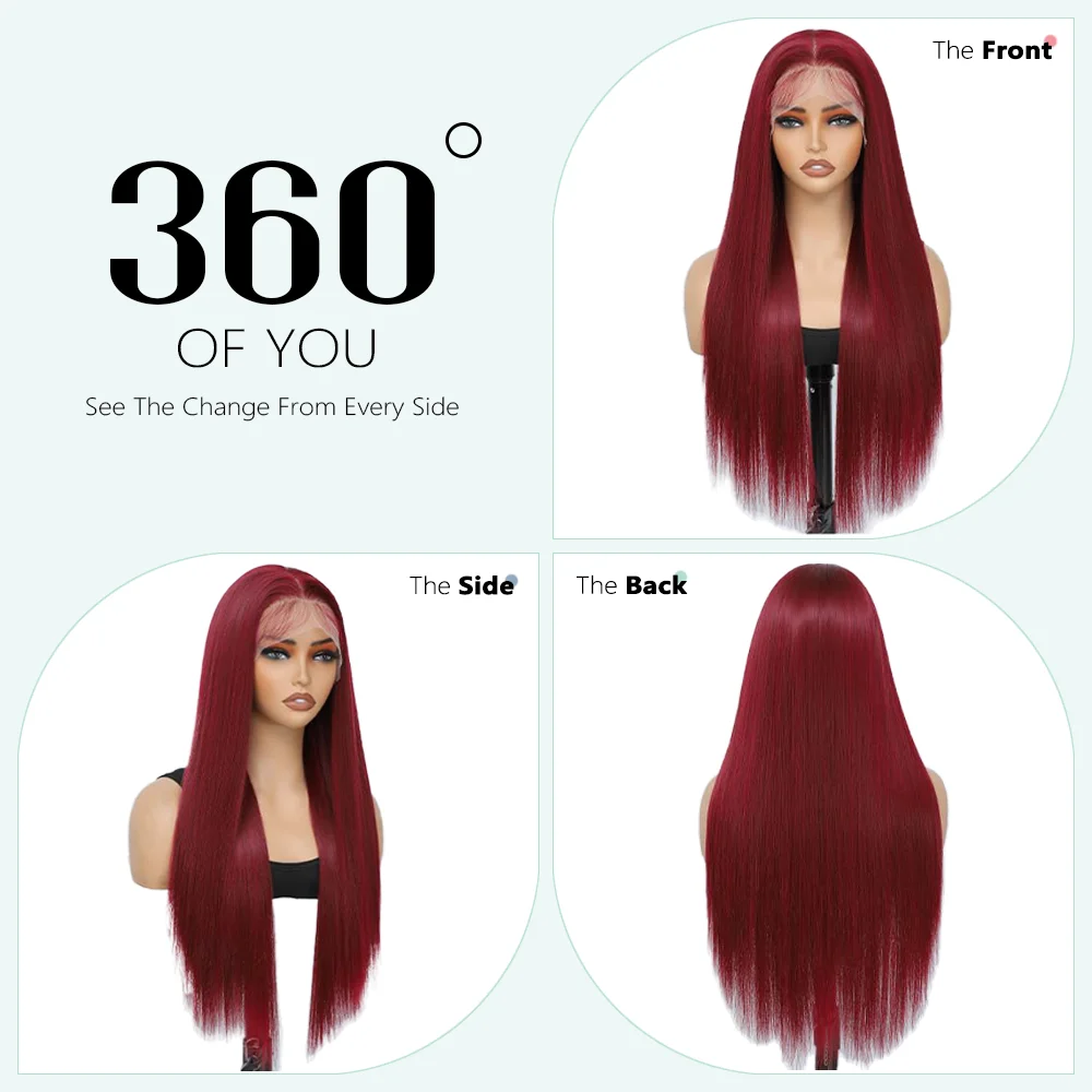 Bone Straight 99J 200% Density 40 Inches 13x6 13x4 HD Transparent Lace Frontal Wig Human Hair Wigs Burgundy Wine Red Pre Plucked For Women Brazilian Hair  Halloween Wig image 5