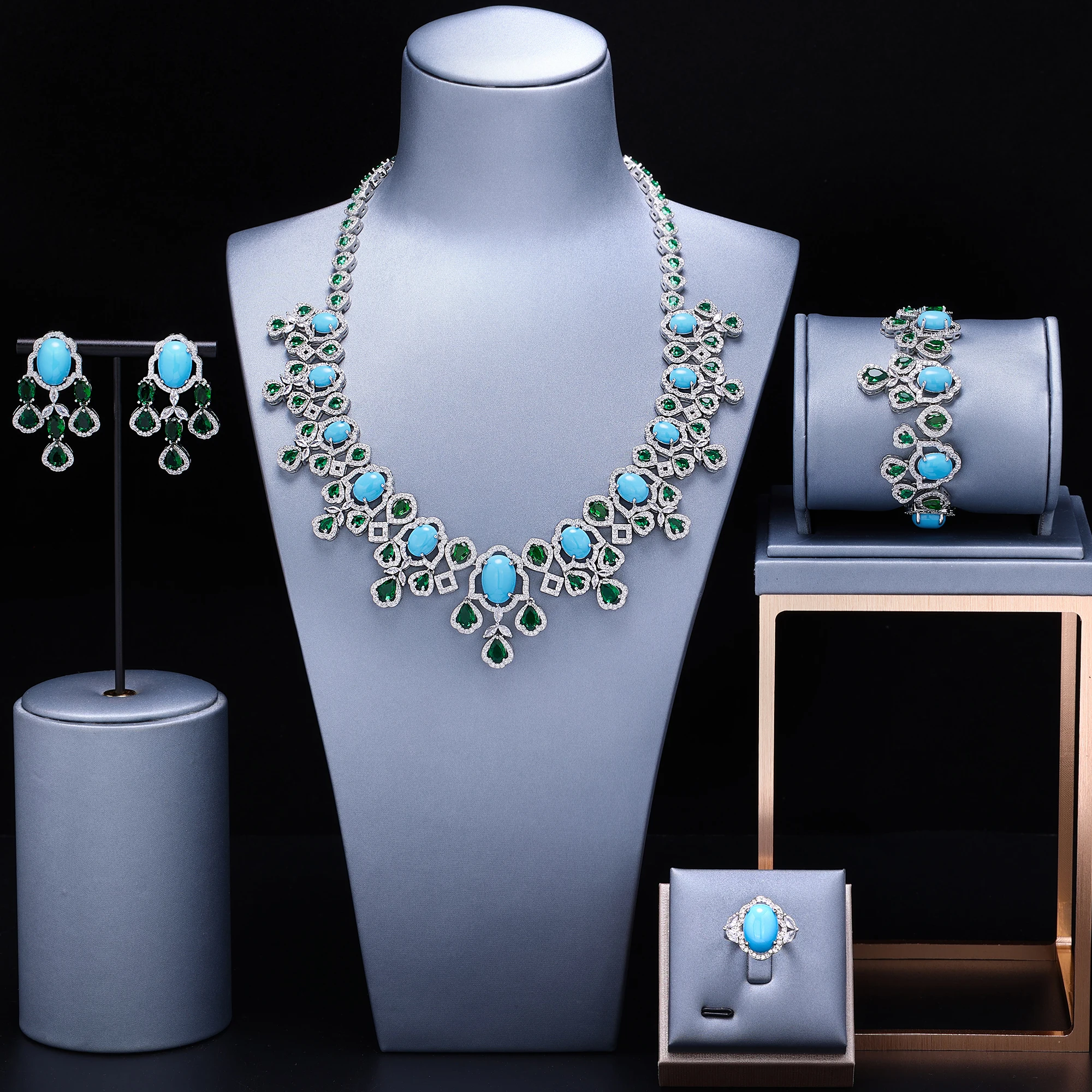 

Luxury 4pcs Bridal Wedding Jewelry Sets Women Turquoise Cubic Zirconia Tassel Necklace Earrings Sets 4 Pieces