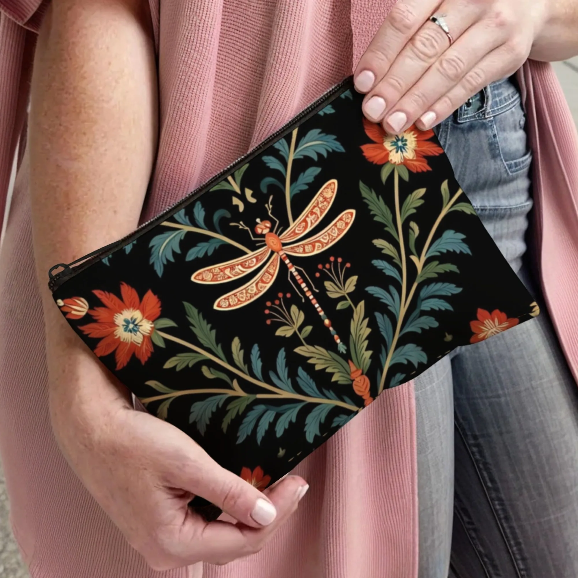 絶妙なトンボ柄の花柄メイクアップバッグ、エメラルドグリーンに金箔のトンボと牡丹のヴィンテージエレガンスコスメティックオーガナイザー