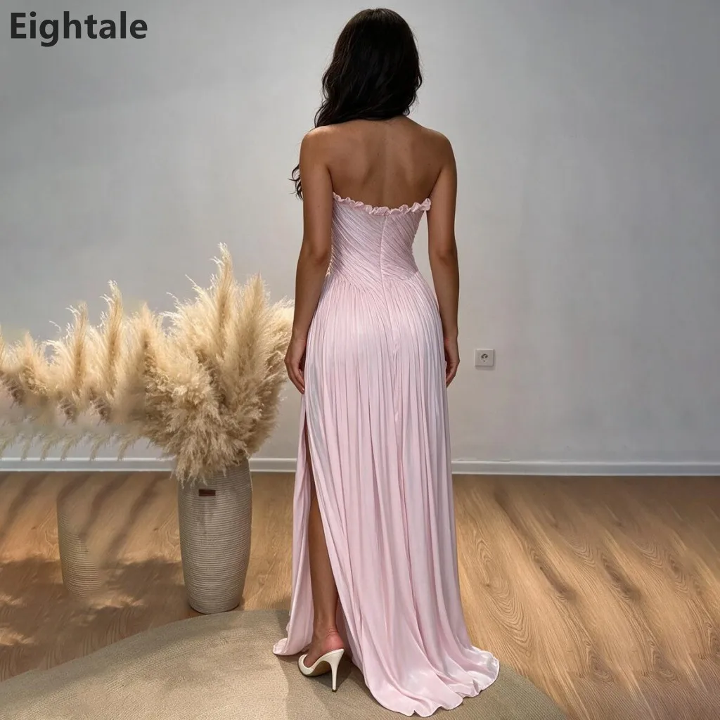 Eightale 2026 Pink Strapless Evening Dress Pleated Crinkled Crepe A Line Floor Length Dubai Formal Party Gown Customized