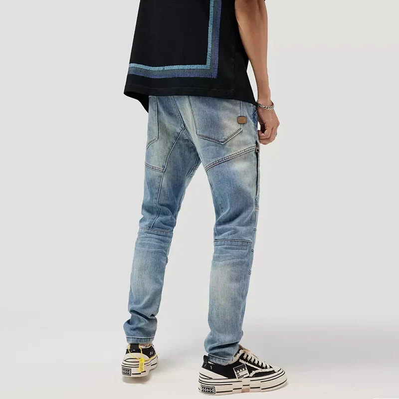 Street Fashion Men Jeans Retro Light Blue Elastic Slim Ripped Biker Jeans Men Spliced Designer Hip Hop Denim Punk Pants Hombre