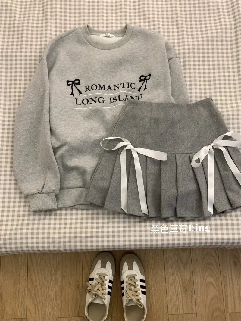 Academy Style Girl Embroidered Letter Loose Sweatshirt High Waist Bow Pleated Skirt Set Gray Spring Single Piece Women Outfits