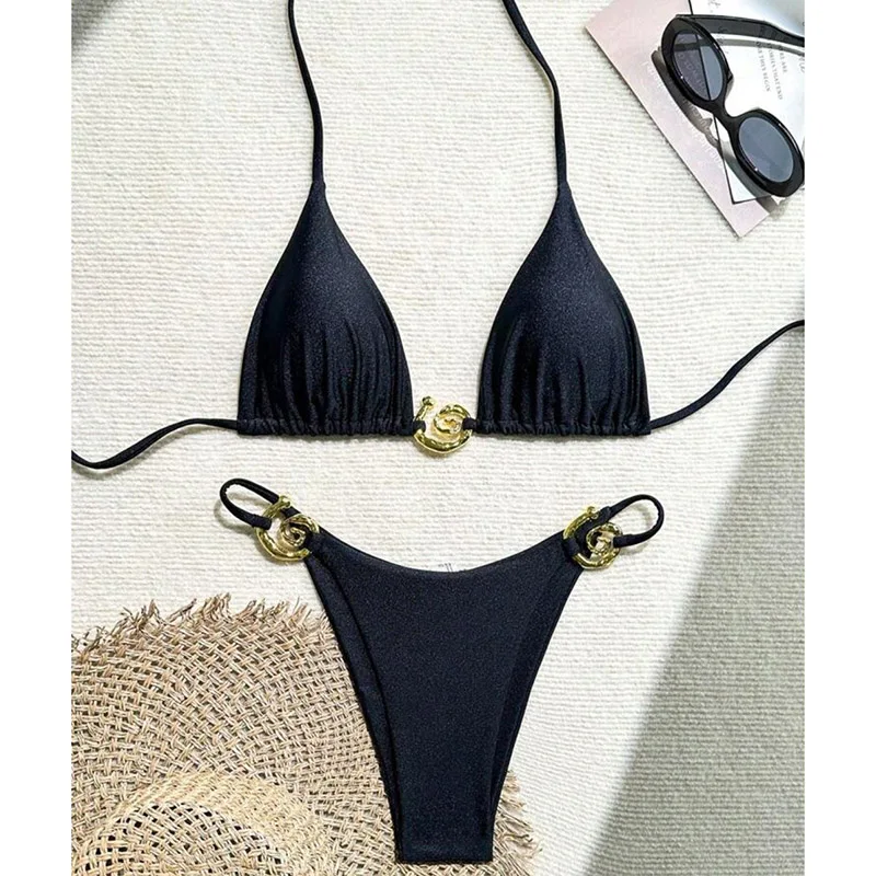 Microbikini de Metal para mujer, traje de baño Sexy con cordones y cuello Halter triangular, conjunto de Bikini con Tanga de corte alto, traje de baño para playa, conjunto de 2 piezas