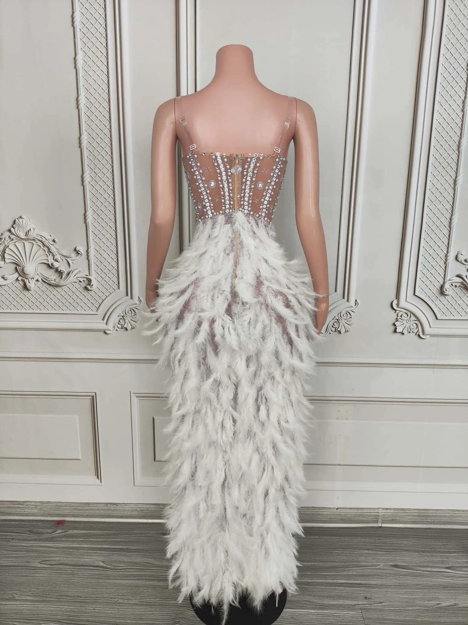 Yumaoqun Sparkling silver rhinestone camisole dress transparent mesh splicing white feather dress bar dancer performance costume