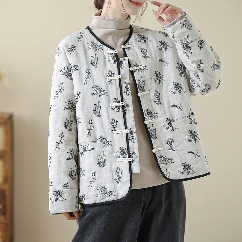 

Новая хлопково-льняная осенне-зимняя свободная куртка с V-образным вырезом на пуговицах в стиле «маленькая Франция», новая китайская женская хлопковая одежда