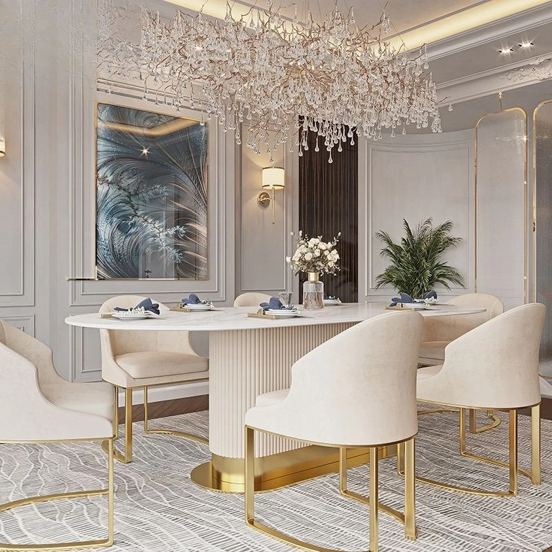 Italian Light Luxury Modern Simple Bright Rock Slab Dining Table and Chair Combination Oval Designer Household Small Apartment