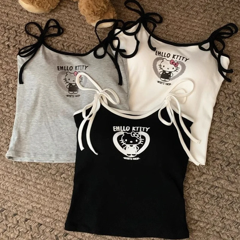 Sanrio Hello Kitty Cute Gray Suspender Women Korean Style Fashion Tank Tops Y2k Spicy Girl Cartoon Sling Strap Slim Short Vest