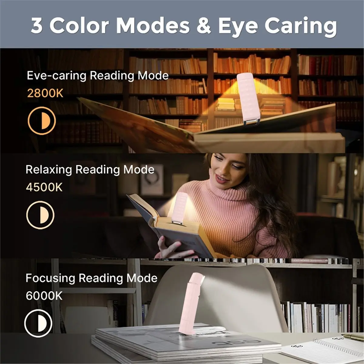 618 Mega Sale Rechargeable Reading Light with 3 Color & 5 Brightness, Adjustable Angles Portable Book Lamp for Bed Blue