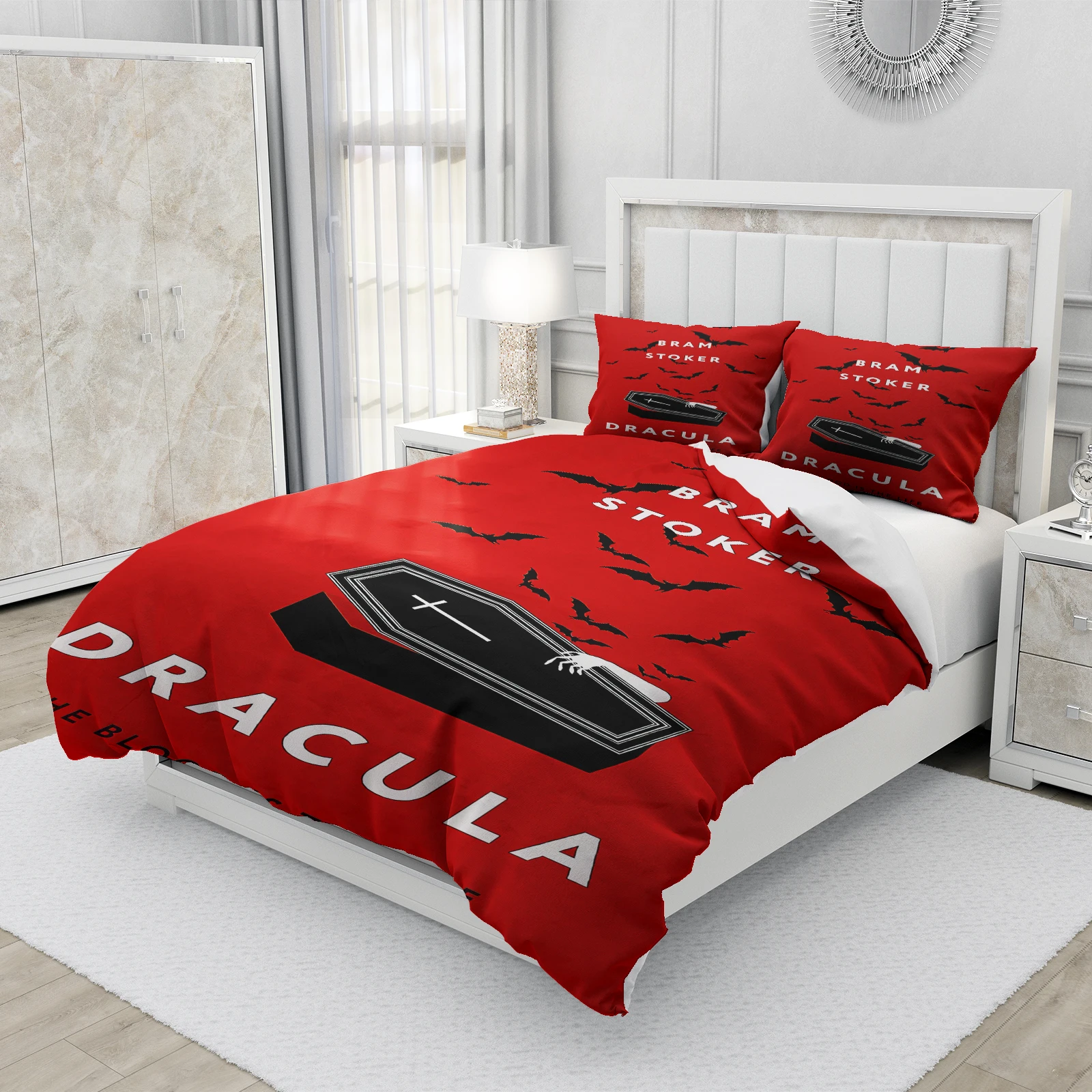 Cartoon Dracula Duvet Cover Pillowcase Vampire Element Print Bedding Set Adult Boy Teenager Bedroom Decoration