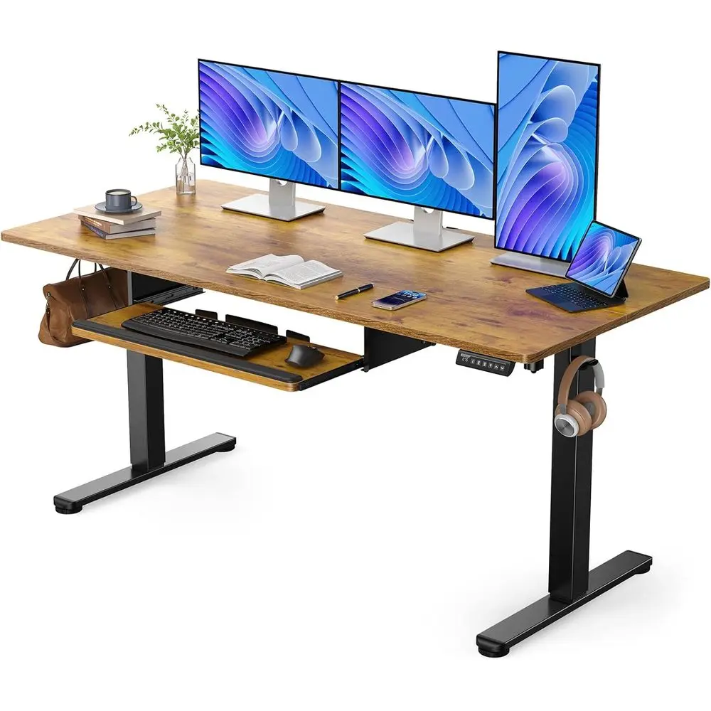 

Vintage Brown 63x28 Large Electric Sit-Stand Desk with Keyboard Tray