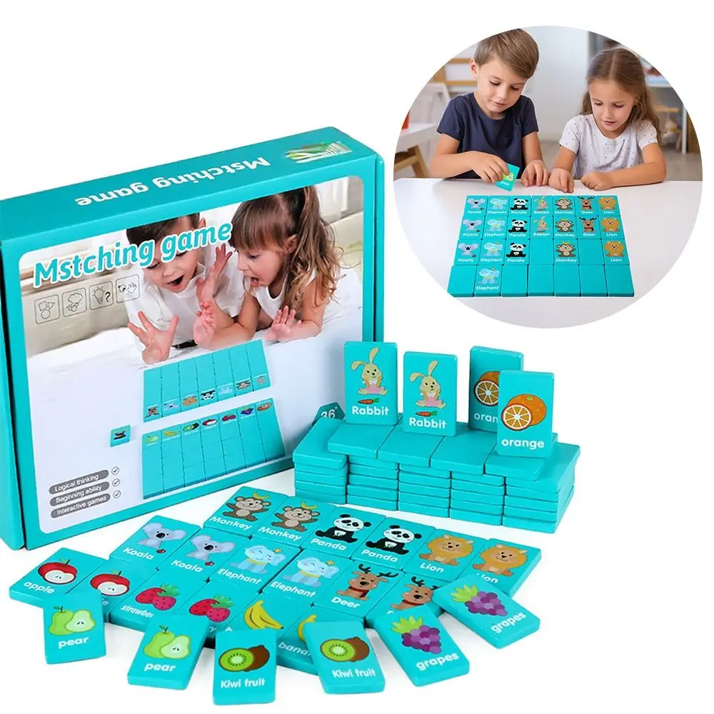 36PCS Creative Wood Chain Game Blue Cartoon Fruit Animal Mahjong Game Pair Matching Matching Game Montessori Learning