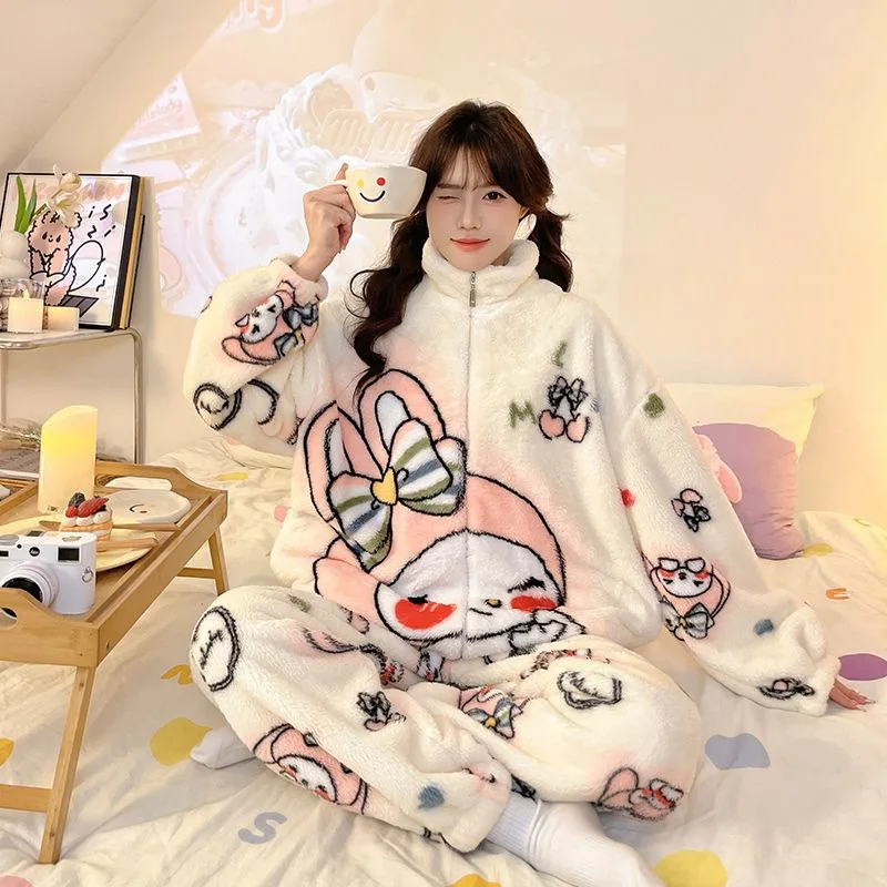 سانريو كورومي مرحبا كيتي منامة الفانيلا امرأة الشتاء الكرتون رشاقته 2 قطعة مجموعة Y2K Kawaldi الملابس المنزلية طويلة الأكمام