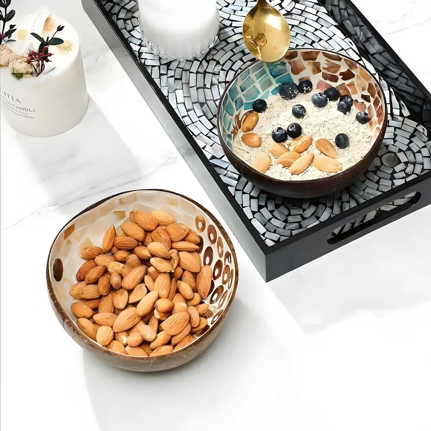 Handmade Alien Coconut Shell Bowl Inlaid Shells Wood Bowl Storage Salad Bowl Foyer Key Storage Tray Home Decoration