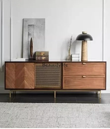

Modern simple retro TV cabinet Nordic walnut small apartment living room wall cabinet Italian storage Japanese style