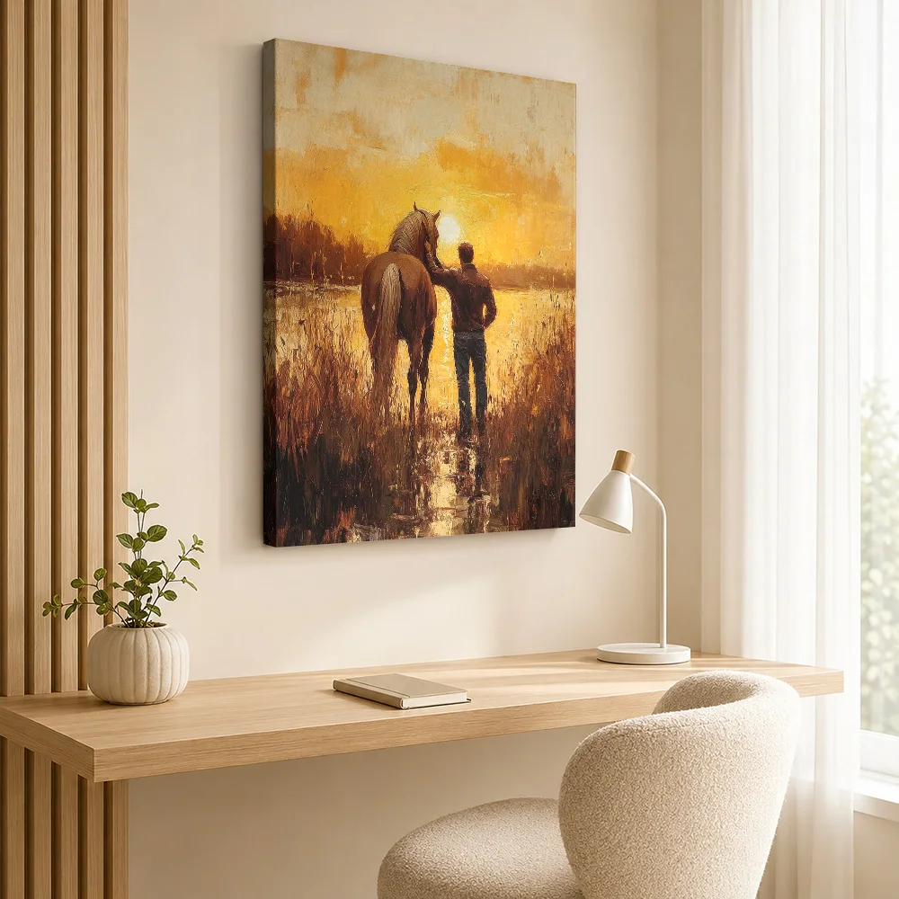 Man and Horse at Sunset Canvas Painting Poster Customized Photo Funny Animal Canvas Wall Art for Kids Room Decor Ready to Hang