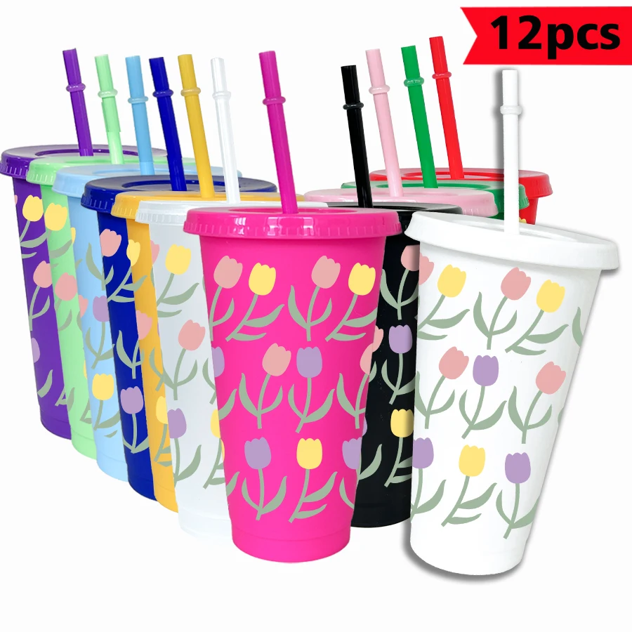 12Pcs/pack Tulip Patterns 780ml/26oz Plastic Tumbler Wedding Cold Cup Birthday Party Drinkware for Back-to-school Gifts view 5