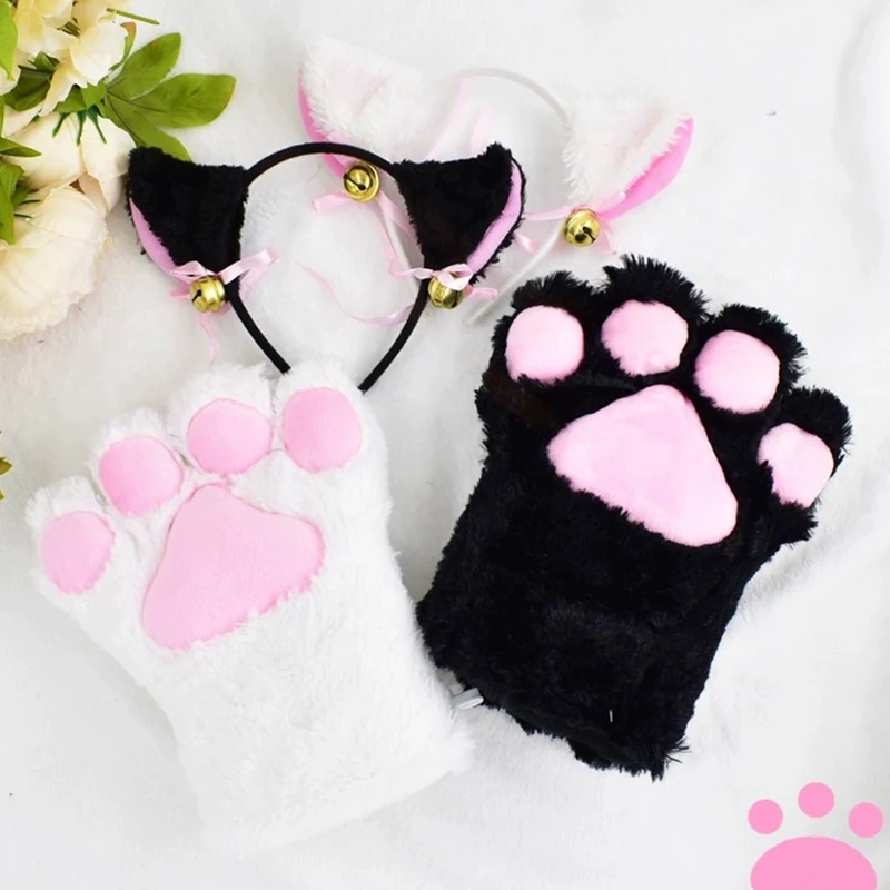 Cosplay Cat Ear Bow Headband Necklace Cat Claw Gloves Plush Bell Hairband Women Girl Masquerade Party Headwear Hair Accessories