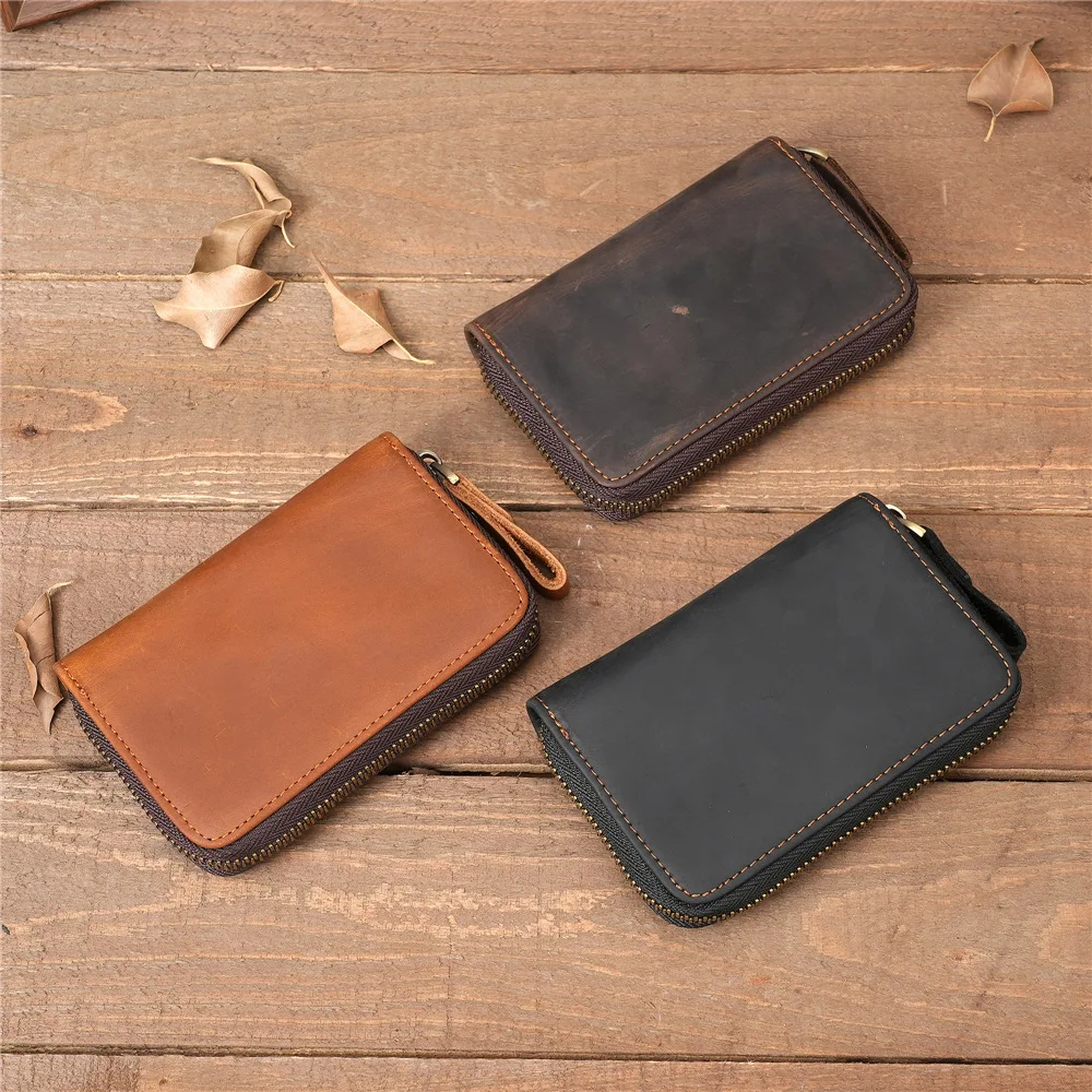 

Man's Genuine Leather Key Holder With Card Pocket & 6 Key Hooks Portable Keychain Case Zipper Card Wallet Small Coin Purse