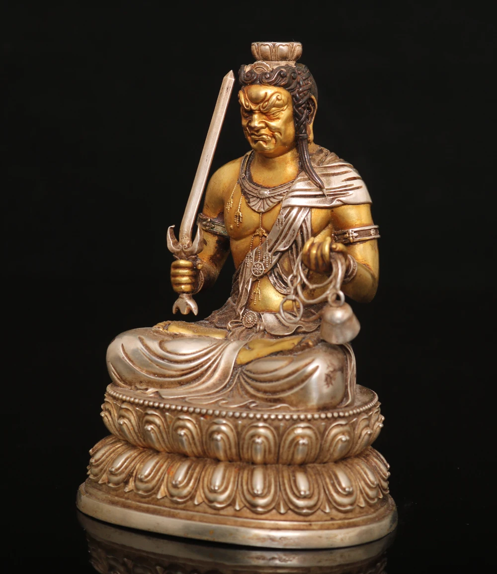 Tibetan Tantra Copper Gilt Silver Motionless Ming Wang Zun Bodhisattva Buddha Small Ornament Home Hall Incense Case Offering 10c