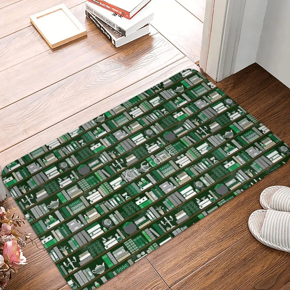 Book Case Pattern - Green And Grey Facecloth Non-Slip Floor Mat BedroomsThick And Comfortable, Durable Foot Mats