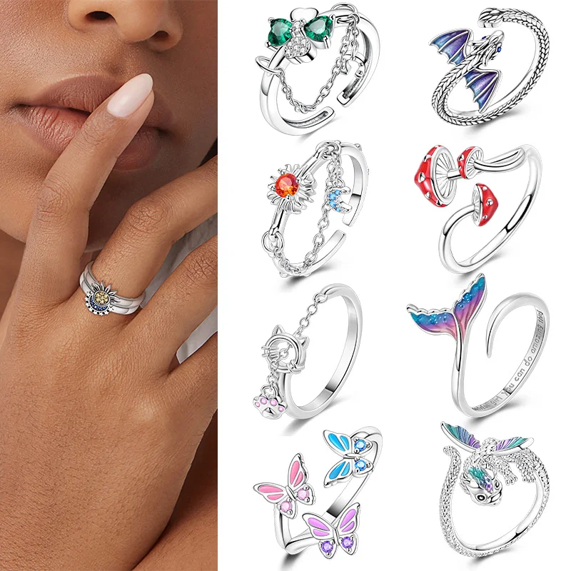 925 Sterling Silver Open Ring Dragon Mushroom Star Finger Ring For Woman Fine Jewelry