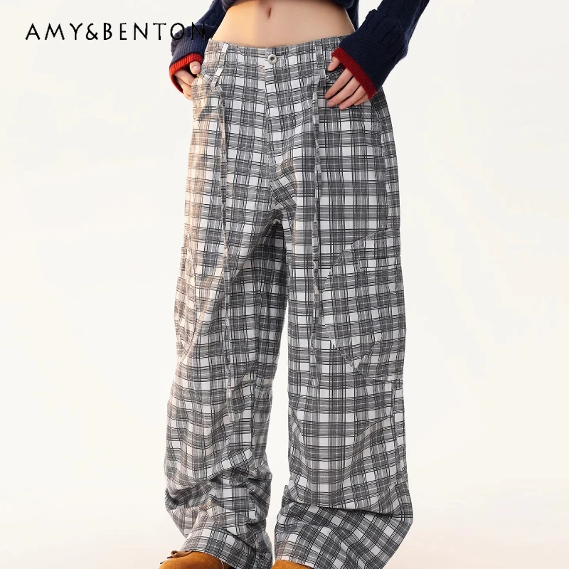 

American Retro Plaid Lace-up High-waisted Women's Pants Autumn Multi-pocket Splicing Loose Wide-leg Floor-length Trousers Girl