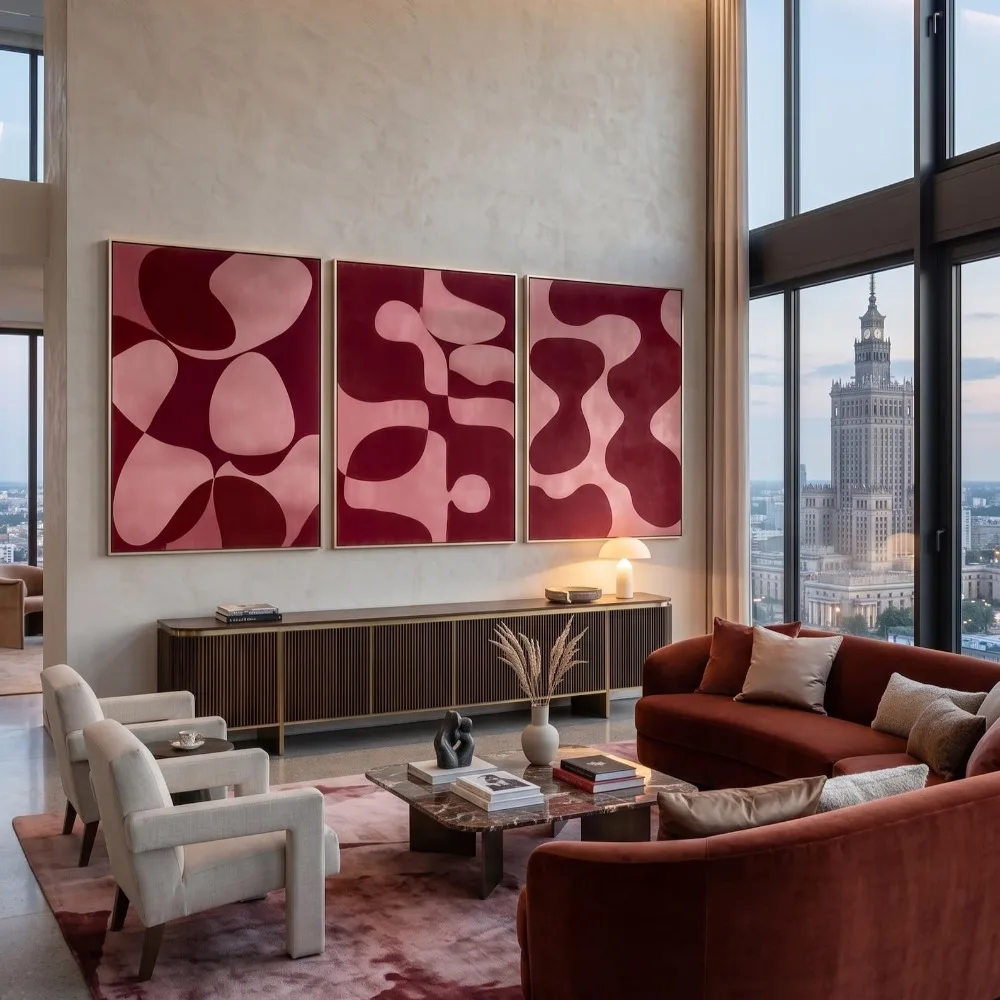 3PCS  Frameless,3pcs Frameless Pink and Burgundy Abstract Art,Modern Minimalist Organic Shapes,Crimson Fluid Wall Decor,Wall Dig