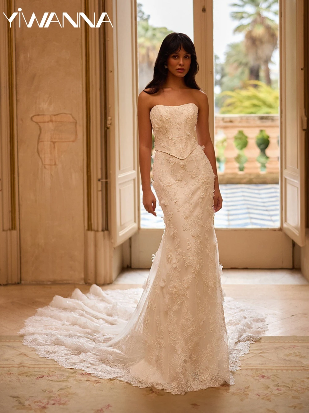 

Exquisite Shiny Appliques Mermaid Long Wedding Dress With Corset Elegant Strapless Bridal Gown Customized Dresses For Bride