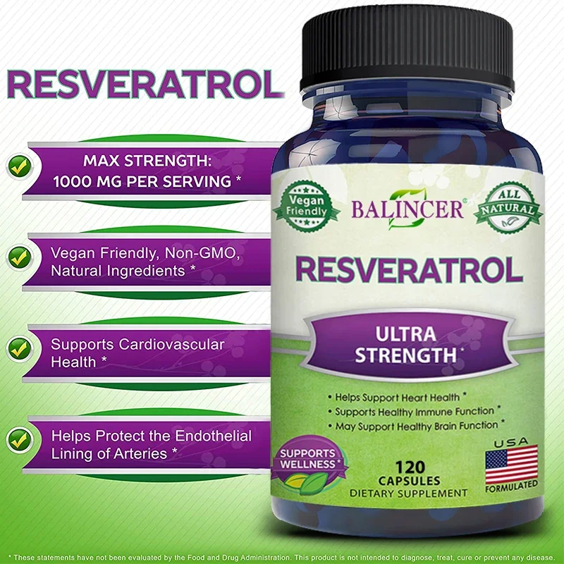 Balincer Resveratrol Capsules สนับสนุนสุขภาพหัวใจและหลอดเลือด สารต้านอนุมูลอิสระ ปรับปรุงภูมิคุ้มกัน และส่งเสริมผิวเรียบเนียน