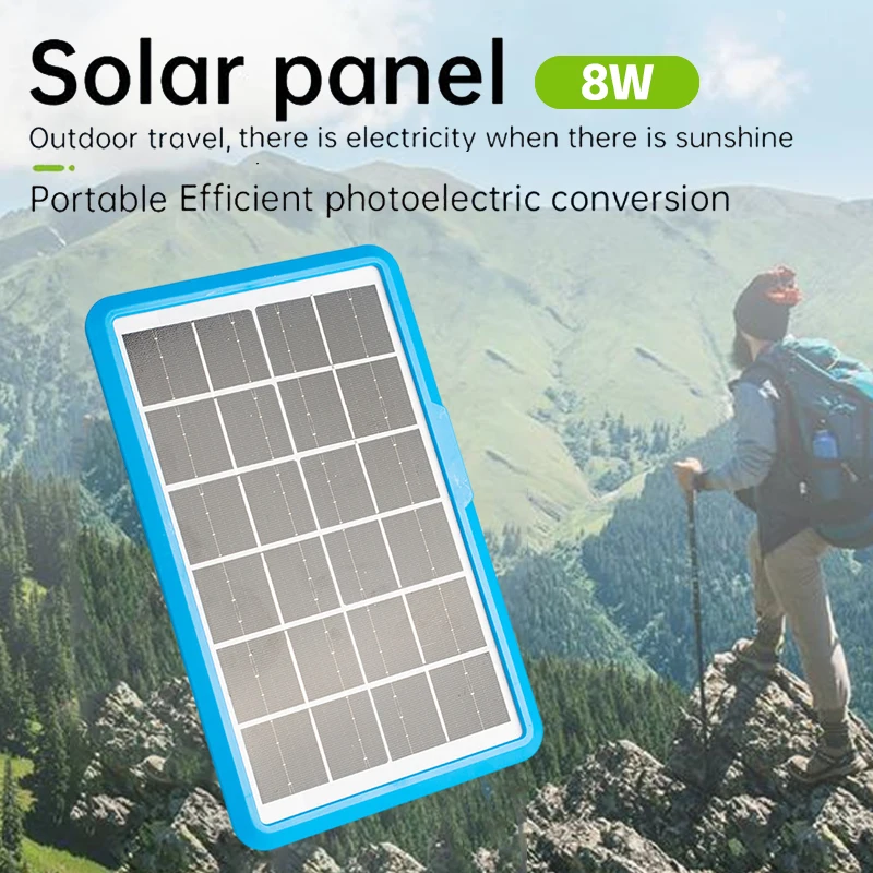 8W Solar Panel With USB 5 In 1 Cable Waterproof Portable Stabilize Battery Charger For Outdoor Camping Phone Charging Power Bank